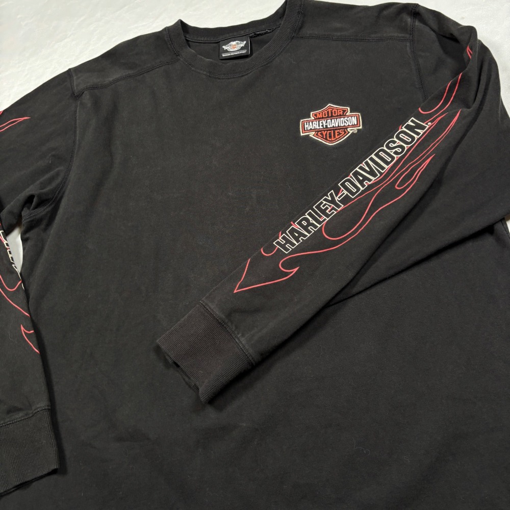 Harley Davidson Long‎ Sleeve Shirt Mens XL Black Red Flame Embroidered Logo